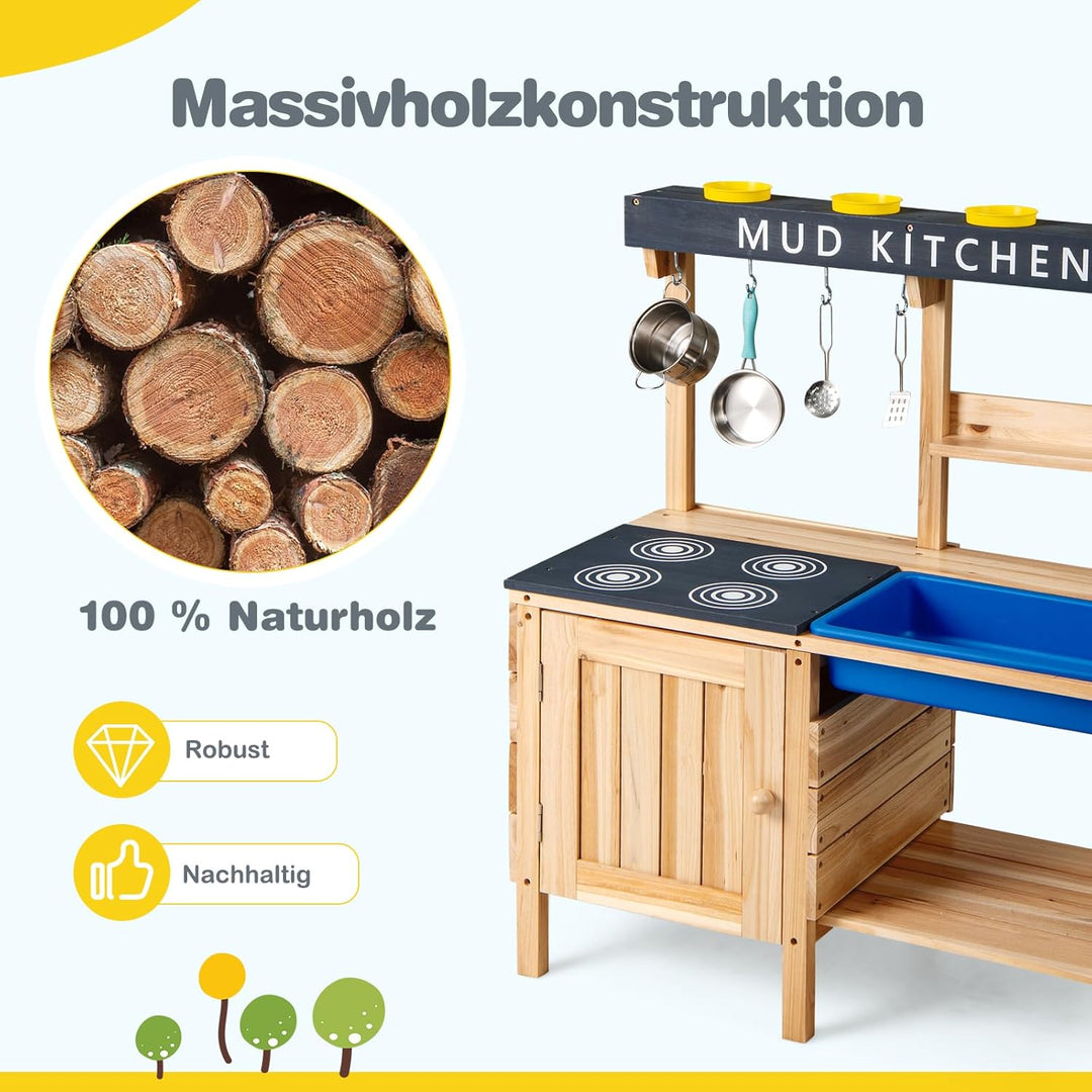 COSTWAY Matschküche Kinder Outdoor, Spielküche mit abnehmbarem Waschbecken & Zubehör, Holz Kinderküc