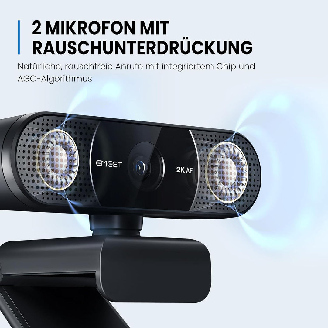 EMEET 2K Webcam - C960 2K Webcam mit Dual Mikrofon, Web Cam mit Objektivabdeckung, 76° Streaming Kam