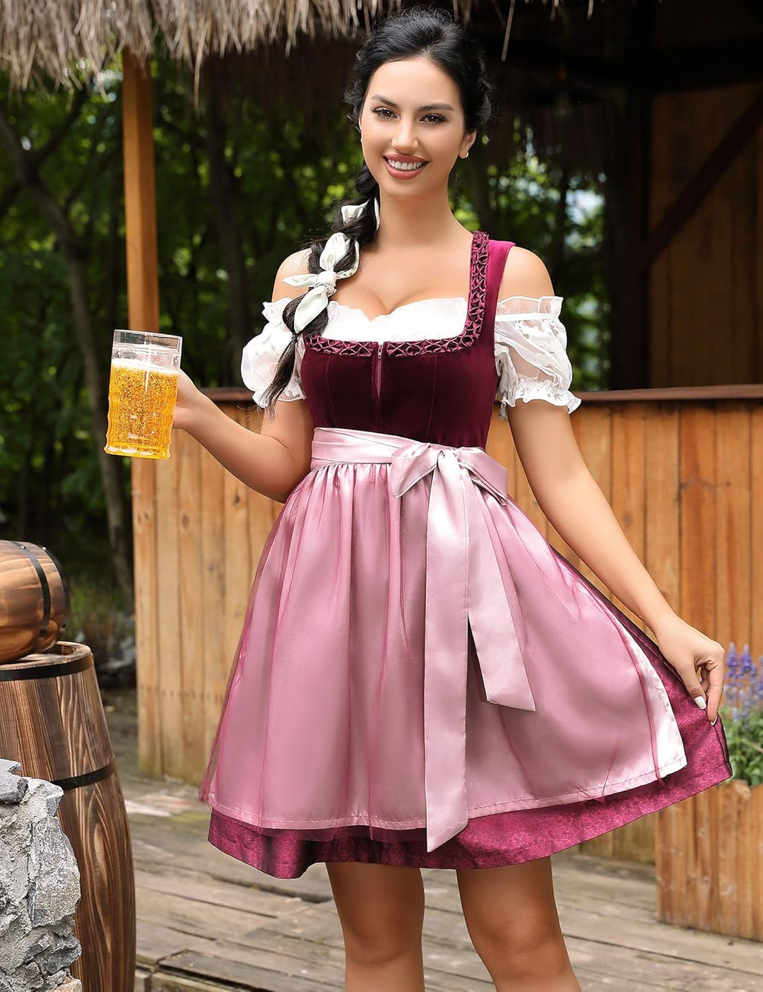 KOJOOIN Trachtenkleid Damen Dirndl Kurz Midi 3tlg. für Oktoberfest-DREI Teilig: Kleid, Bluse, Schürz