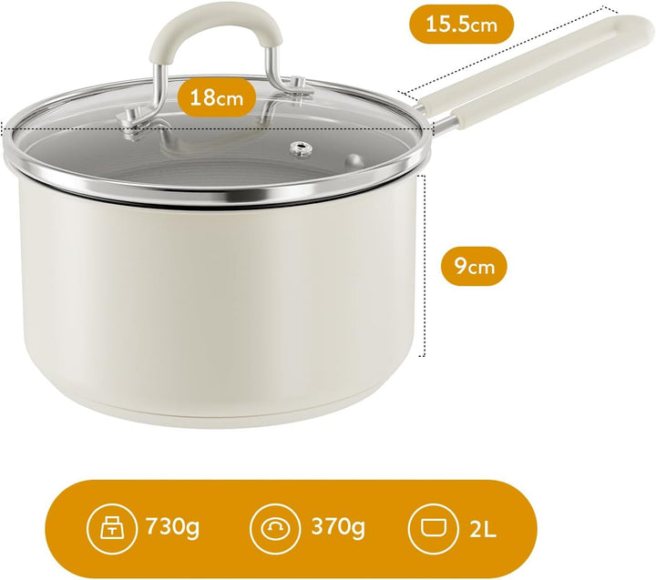 Milchtopf mit Abdeckung 18 cm, Edeastahl Kasserolle, 2L Kasserolle, Stielkasserolle, Geeignet für In