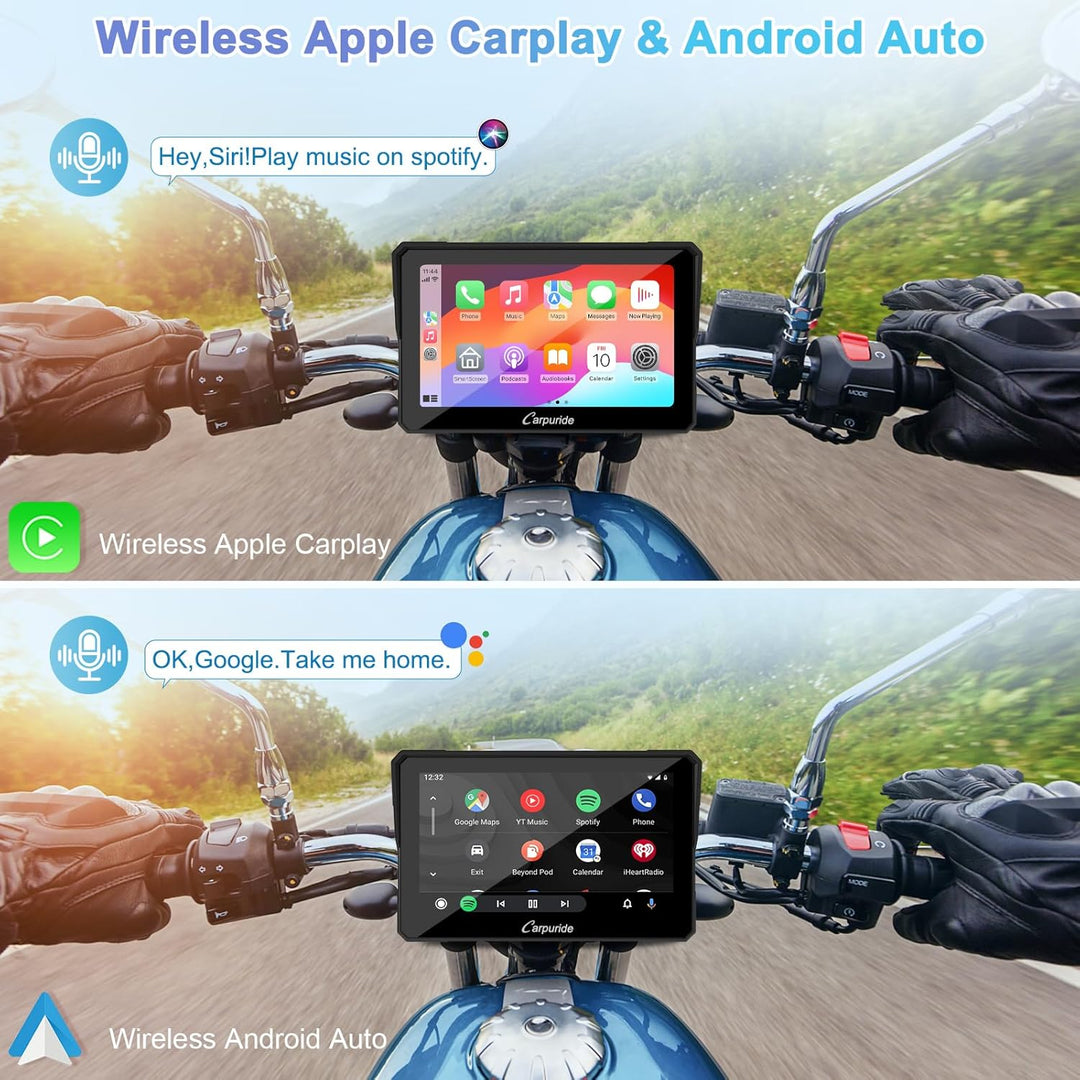 Carpuride W702 Motorrad GPS Carplay Bildschirm, Kabelloses CarPlay und Android Auto, Tragbarer 7 Zol
