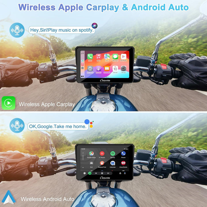 Carpuride W702 Motorrad GPS Carplay Bildschirm, Kabelloses CarPlay und Android Auto, Tragbarer 7 Zol