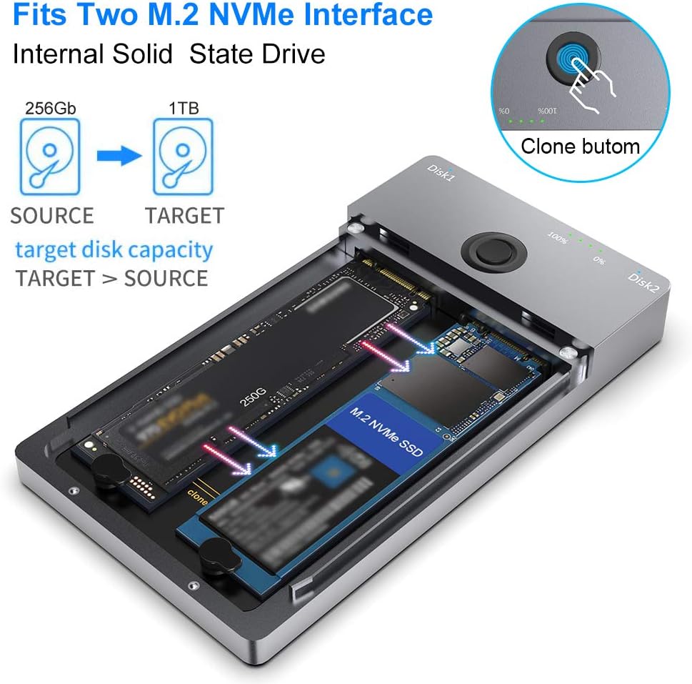 NVMe M.2 Duplizierer Dual-Bay Offline-Klon ohne Werkzeug, 10 Gbps NVMe-Dockingstation mit Lüfter, NV