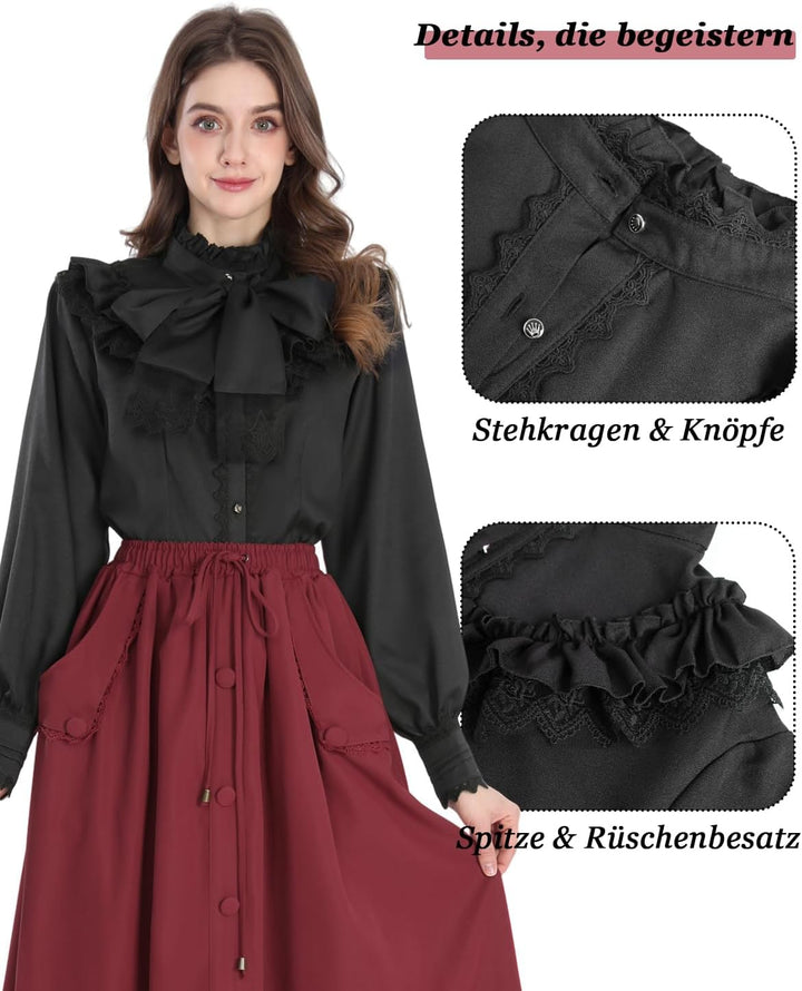 Fiamll Damen Viktorianisch Bluse Vintage Schleifenhemd Stehkragen mit Rüschen Langarmshirt Mittelalt