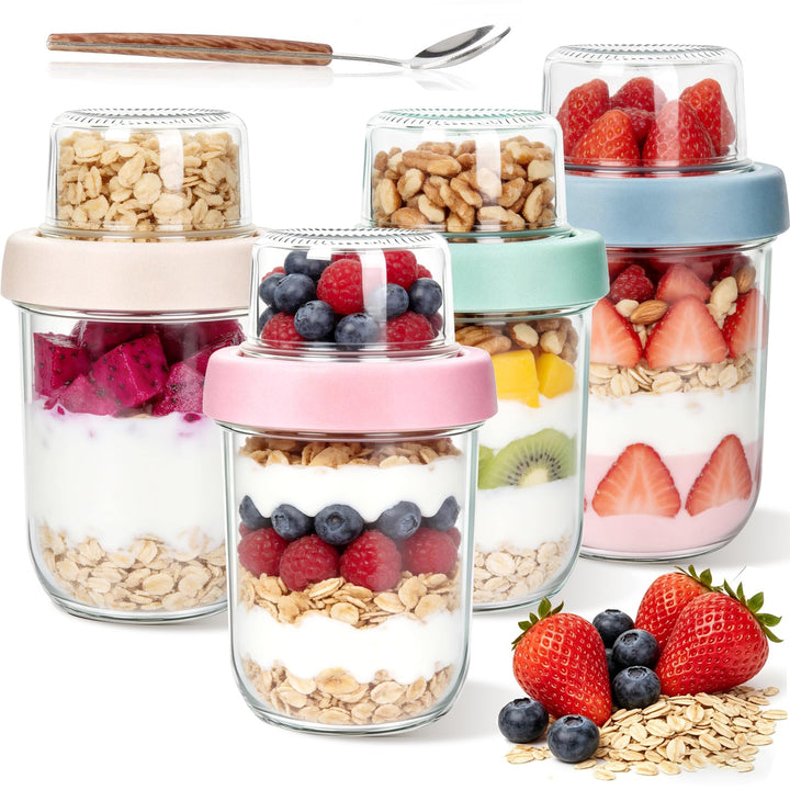 600ml Overnight Oats Gläser(480+120), 4 Pack Müslibecher to go - Doppelschicht Design,Trocken-Nass-T