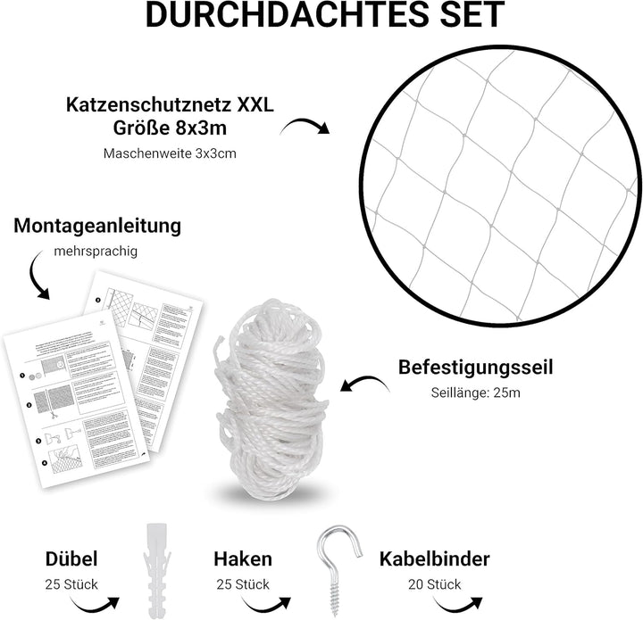 FinoPet Katzennetz für Balkon 8x3 Meter transparent inklusive Befestigungsmaterial, Katzenschutznetz