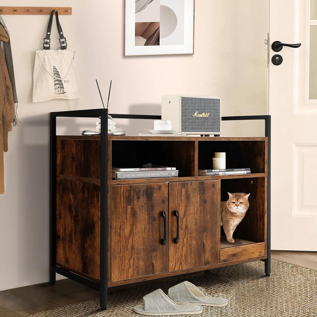 COSTWAY Katzenschrank Katzentoilette mit Doppeltüren & Kratzunterlage, Katzenhaus mit offenem Regal