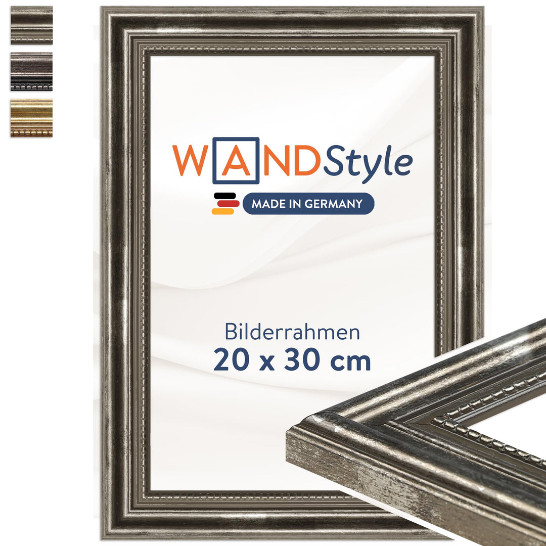 WANDStyle Bilderrahmen Antik 20x30cm I Farbe: Silber I Holzbilderrahmen I Fotorahmen I Silberner Bar