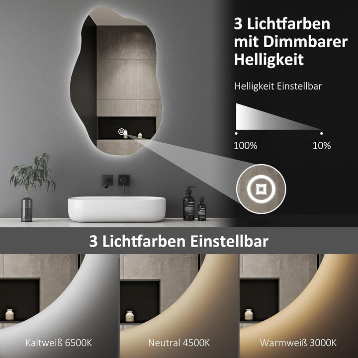 Boromal Asymmetrischer Spiegel mit Beleuchtung LED Badspiegel mit Beleuchtung 62x90cm LED Spiegel mi