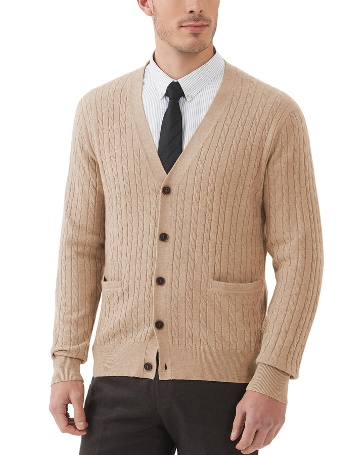 Kallspin Herren Strickjacke aus Wollmischung Zopfstrick Cardigan mit Knopfverschluss und Taschen M K