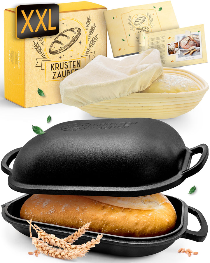KRUSTENZAUBER 40cm Brotbackform mit Deckel Gusseisen inkl. Gärkorb - Robuster Gusseisen Topf Brot Ba