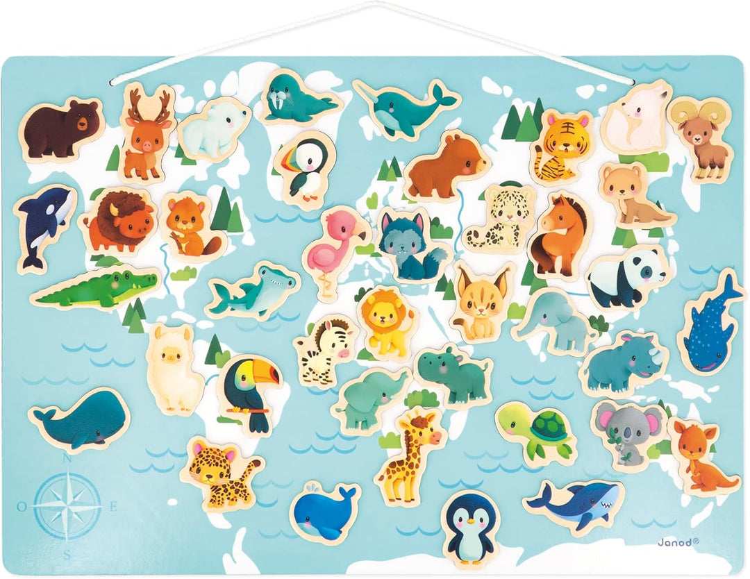 Janod - Minikids – Magnet-Puzzle der Welt - 40 Magnete aus FSC-Holz - Mit 1 Poster - Lernspiel - Mag