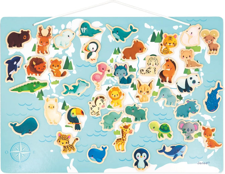 Janod - Minikids – Magnet-Puzzle der Welt - 40 Magnete aus FSC-Holz - Mit 1 Poster - Lernspiel - Mag