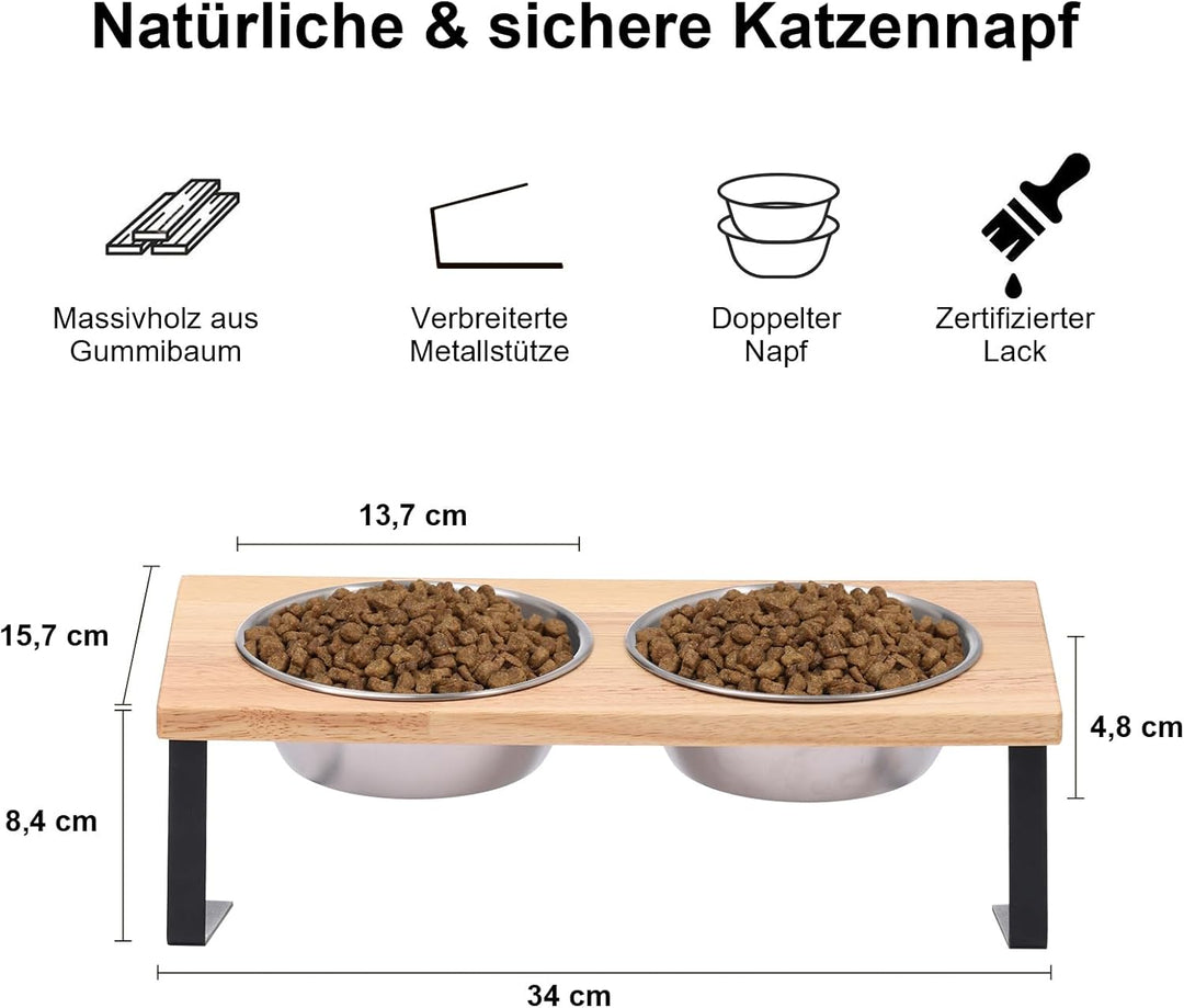 FUKUAMRU Katzennapf Erhöht, Rutschfester Fressnapf aus Edelstahl in Lebensmittelqualität & Gummiholz