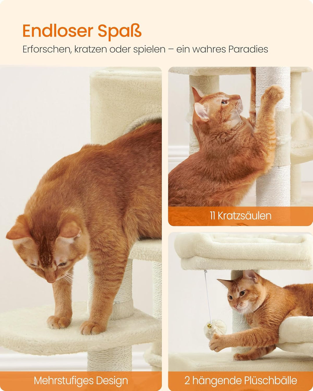 Feandrea Kratzbaum, 112 cm hoch, Katzenbaum mit 11 Kratzsäulen, 2 Plattformen, 1 Katzenhöhle, 1 Häng