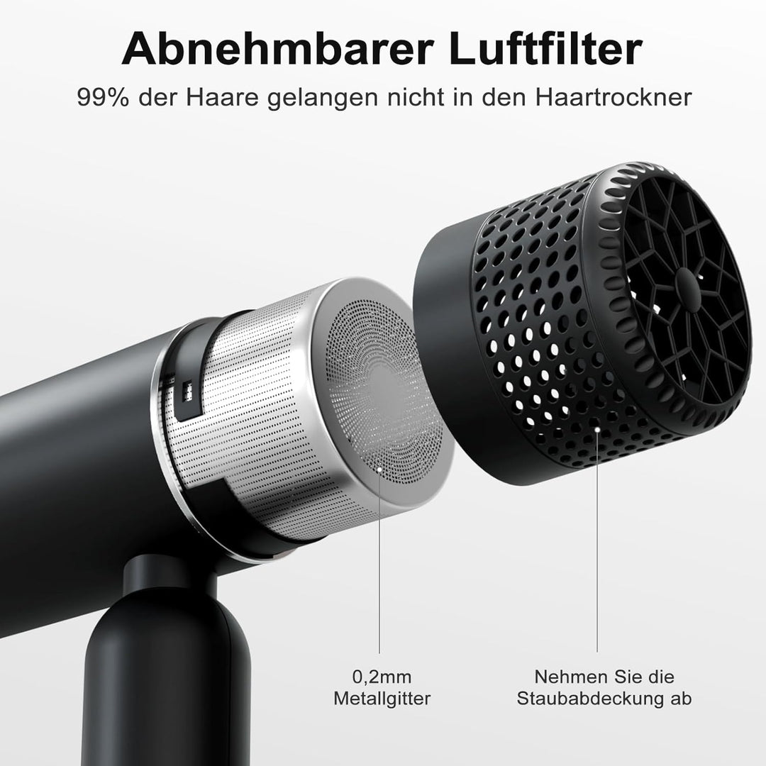 Haartrockner, 1600W Reisehaartrockner mit Diffusor und Konzentratordüse, Schwarz 2 Zubehörteile Schw