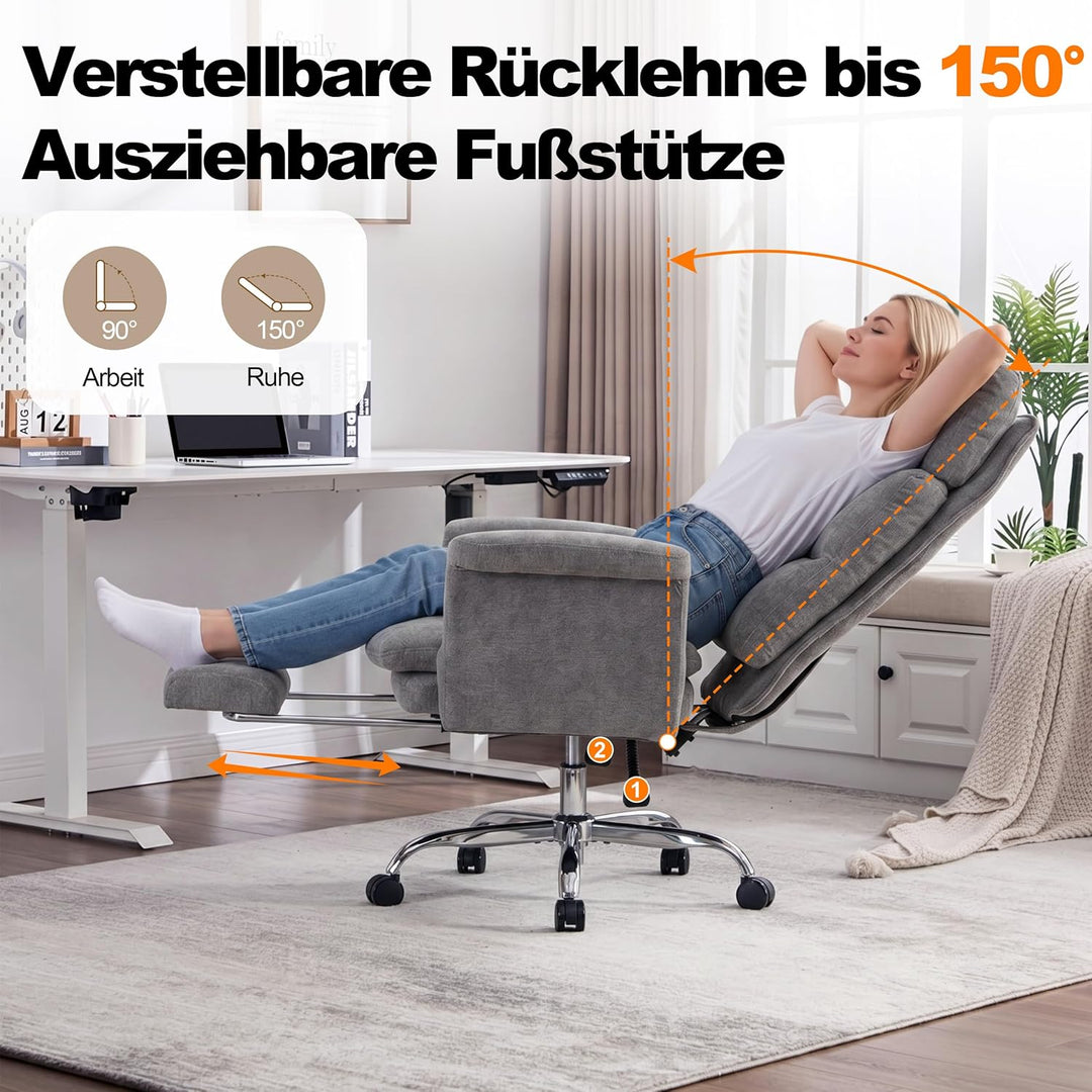 UEV Bürostuhl Ergonomisch mit Fussstütze bis 226kg,klappbare Armlehnen/Dicker Sitzpolsterung/Verstel