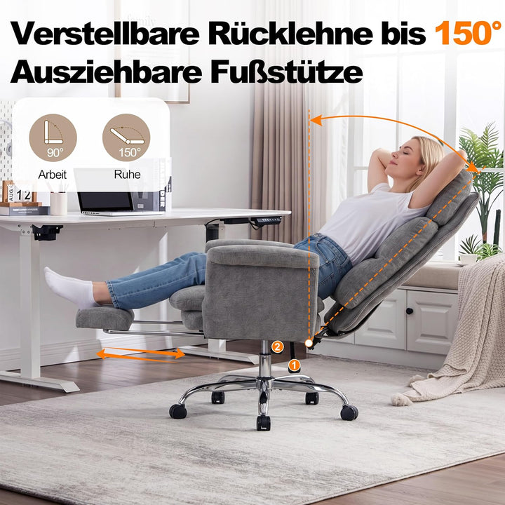 UEV Bürostuhl Ergonomisch mit Fussstütze bis 226kg,klappbare Armlehnen/Dicker Sitzpolsterung/Verstel