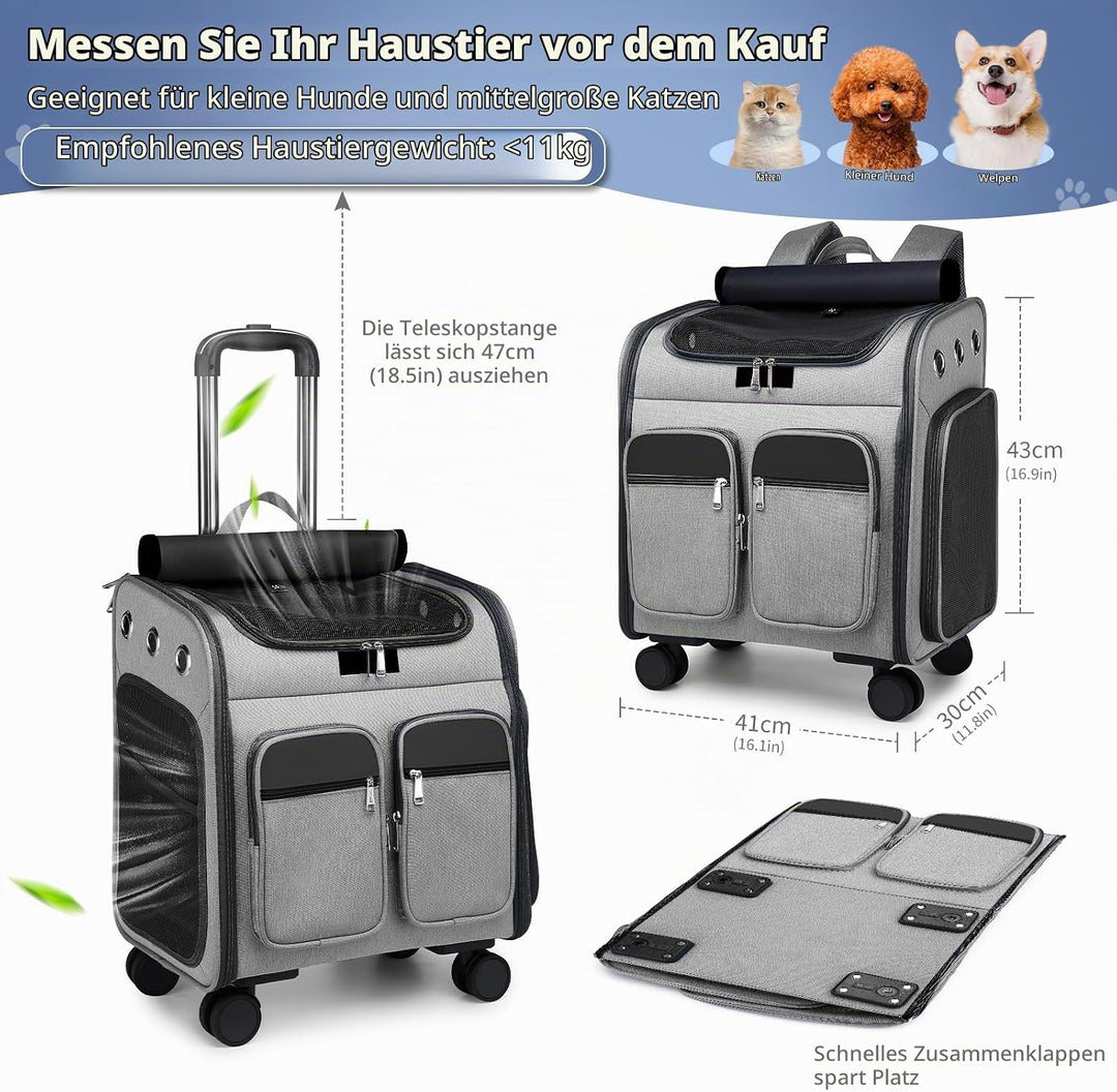 PETCUTE Katzenrucksack Hunderucksack mit Trolley 2 in 1 bis 11 kg,Faltbarer Hundetrolley mit 4 Räder