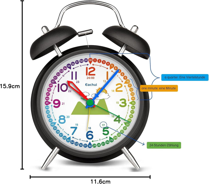 Doppelglockenwecker mit Nachtlicht, analoger Wecker für Kinder ohne Ticken, lauter Alarm, geräuschlo