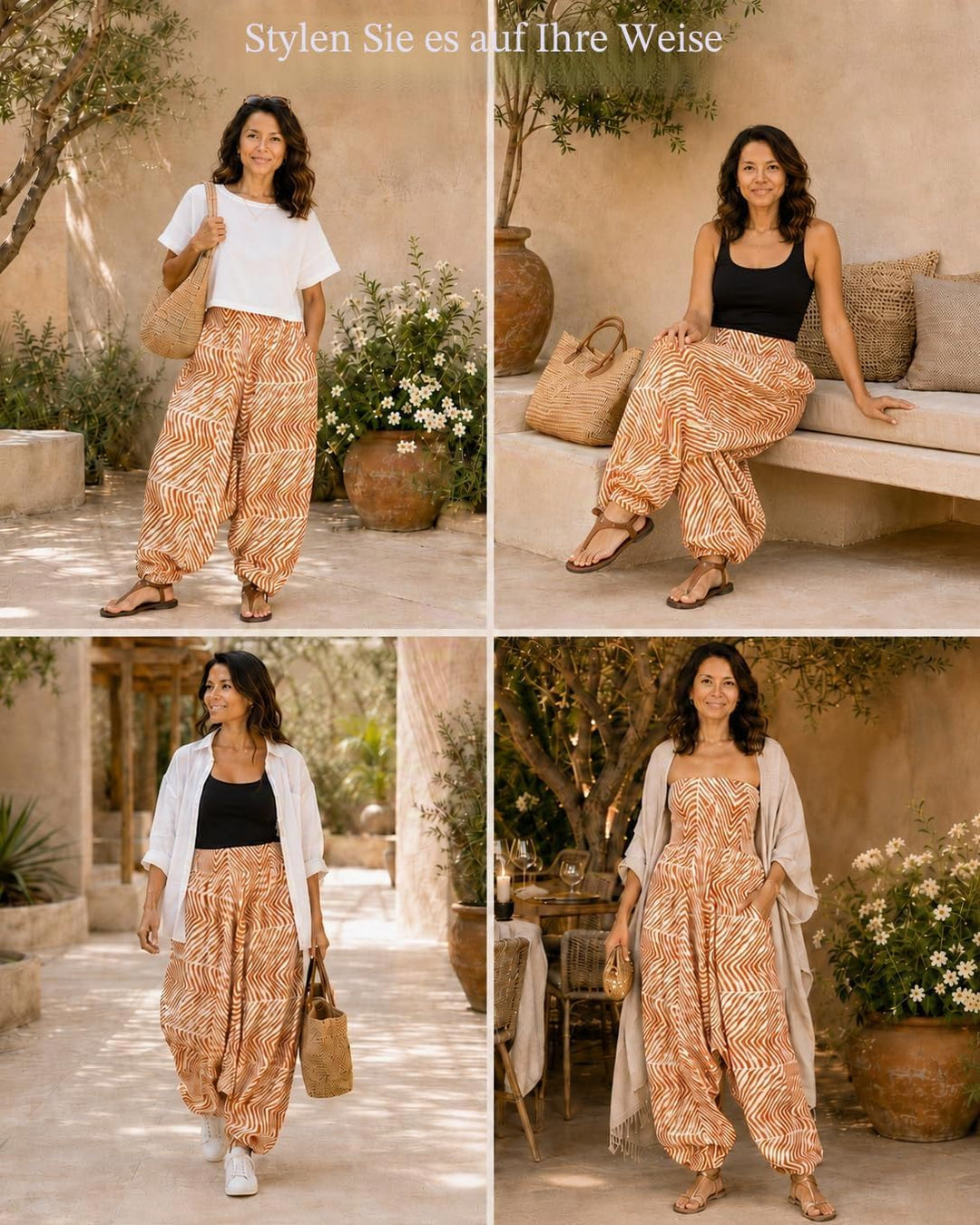 likemary Jumpsuit Damen Sommer & Bedruckter Baumwoll Haremshose mit Taschen – 2-in-1 Trägerloser Ein