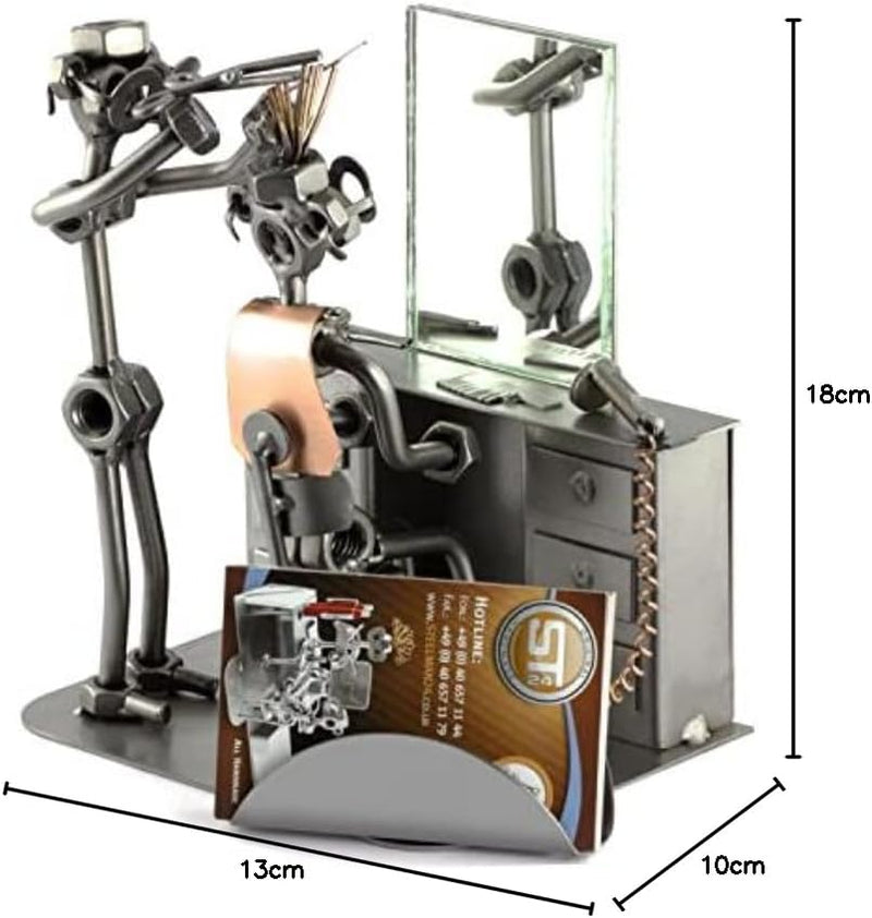 Steelman24 I Schraubenmännchen Friseur mit Spiegel und Visitenkartenhalter I Made in Germany I Handa