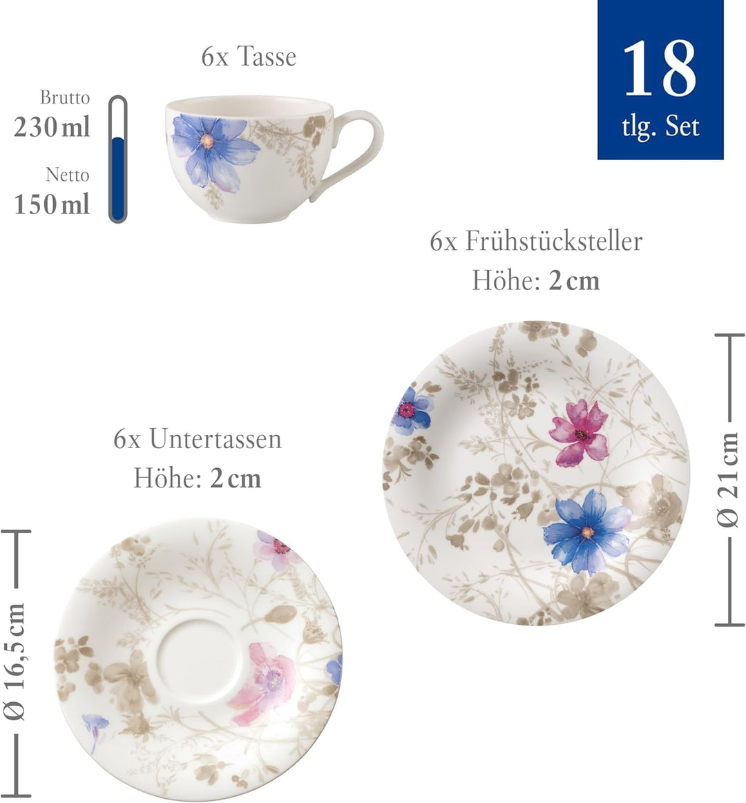Villeroy &amp; Boch – Mariefleur Gris Basic Kaffee Set 18 teilig für 6 Personen, Kaffeeservice, Tafelser