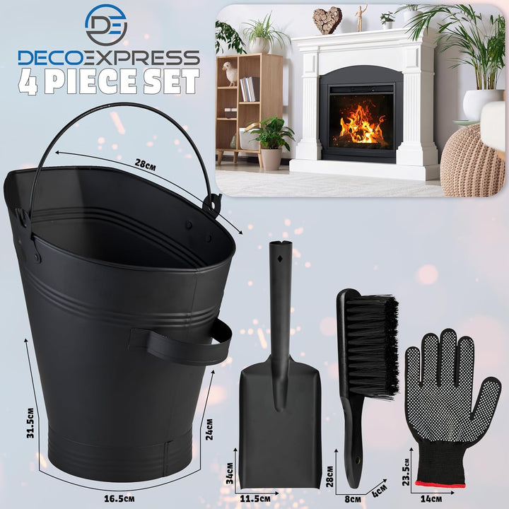 DecoExpress Aschekasten Kaminzubehör Set mit Ascheeimer 7 Liter, Asche Schaufel, Bürste & Handschuhe