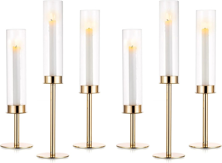 Nuptio Glaszylinder für Kerzen Kerzenhalter Glas: 6 Stücke Metall Kerzenständer Stabkerzen Gold, Gro