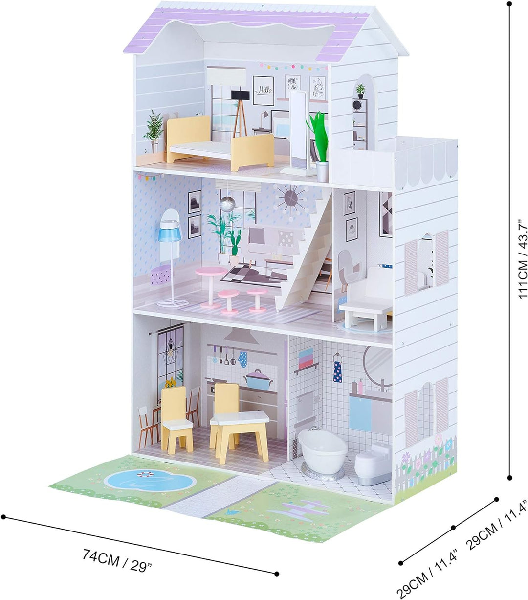 Teamson Kids Olivia’s Little World Grand Kinder-Puppenhaus aus Holz mit 3 Ebenen mit Garten und 16 i