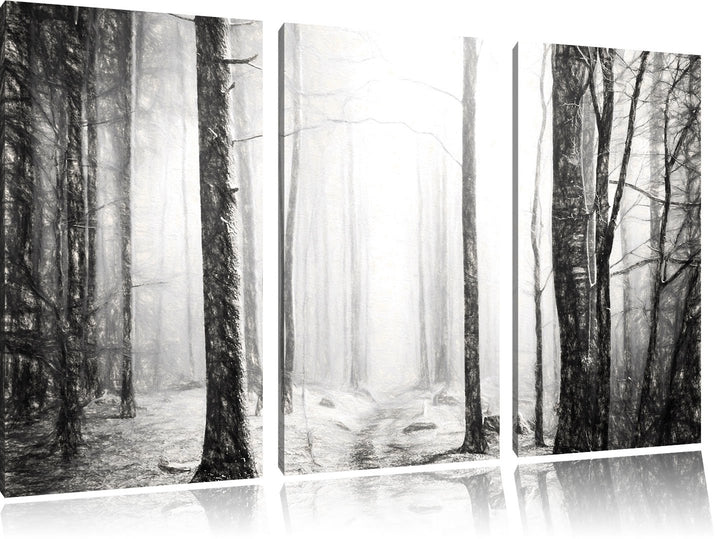 Pixxprint Mystischer Wald Kohle Zeichnung Effekt 3-Teiler Leinwandbild 120x80 Bild auf Leinwand