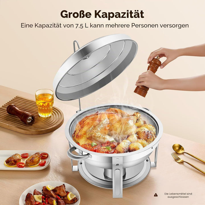 7.5L Edelstahl Rund Chafing Dish, Speisenwärmer Profi Set, Warmhaltebehälter, mit Brennstoffpastenbe