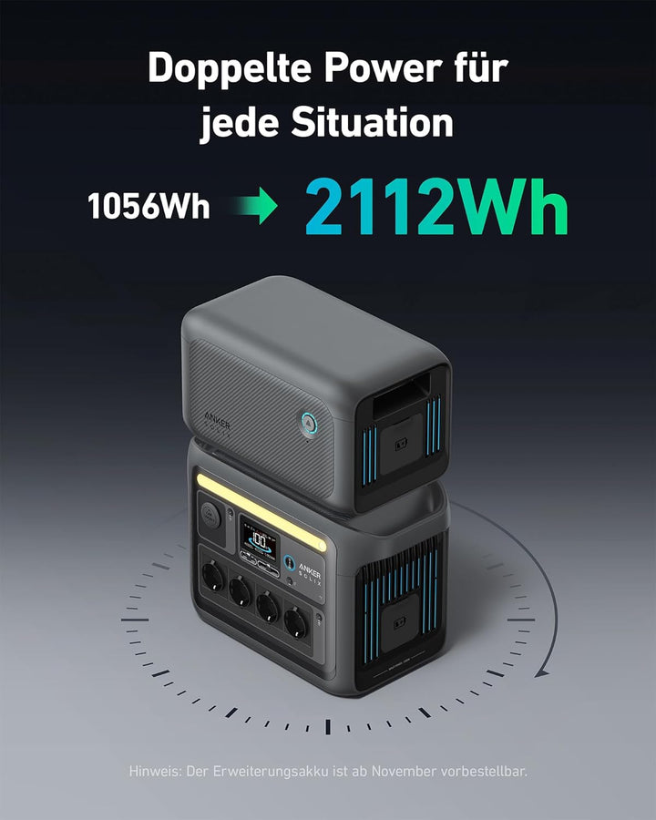 Anker SOLIX C1000 Tragbare Powerstation mit BP1000 Erweiterungsakku, 1800W Solargenerator, Aufladung
