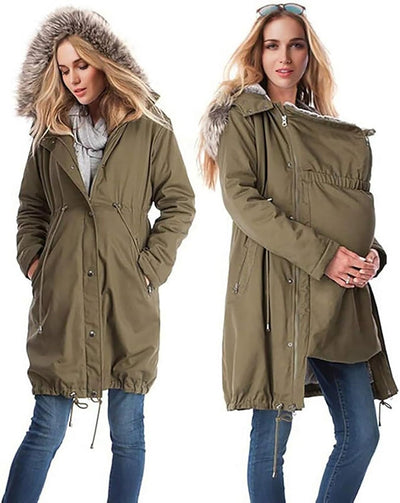 YIzdegg Jacke Mit Babyeinsatz Tragejacke Umstandsjacke Fleecejacke Mit Pelzkragen Baumwolljacke Warm
