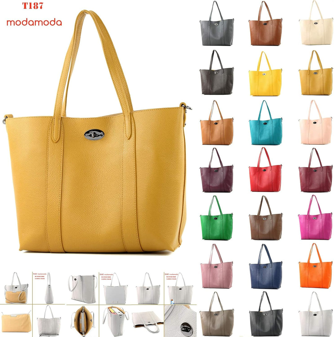 modamoda de - T187 - ital. Shopper DIN A4 Leder Damentasche mit Innentasche Signalrot, Signalrot