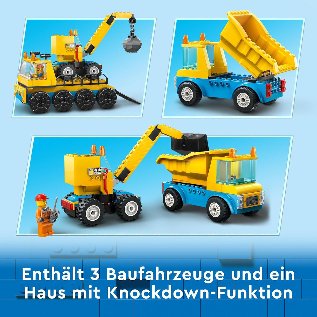 LEGO City Baufahrzeuge und Kran mit Abrissbirne, Spielzeug mit Bagger, Kipper und Transportfahrzeuge