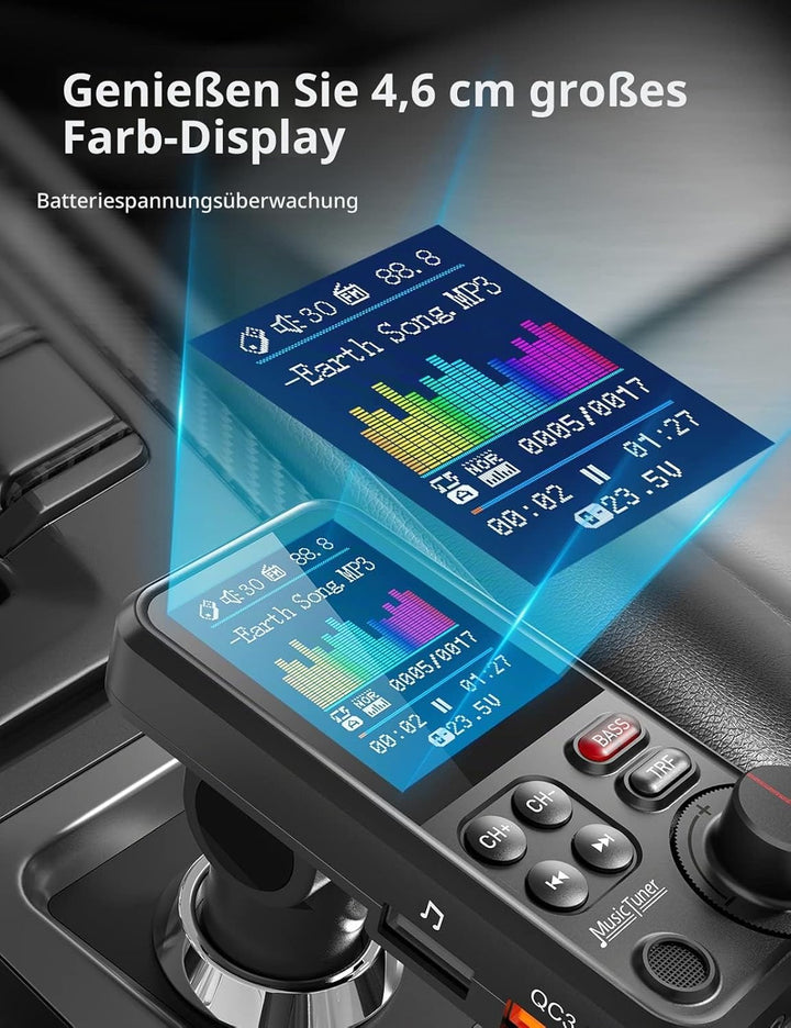 Nulaxy Bluetooth Adapter Auto, Starkes Mikrofon FM Transmitter Auto Bluetooth mit 1,8-Zoll-Farbbilds