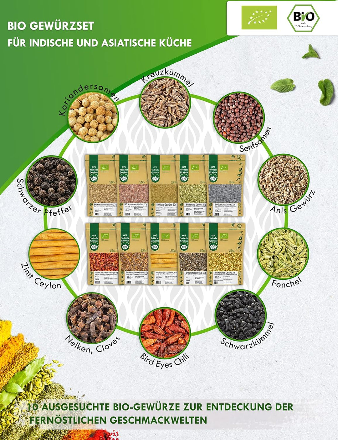 BIO Gewürze Indische Küche 10er STARTER SET 1 - Kreuzkümmel, Senfsamen, Anis, Fenchel, Schwarzkümmel
