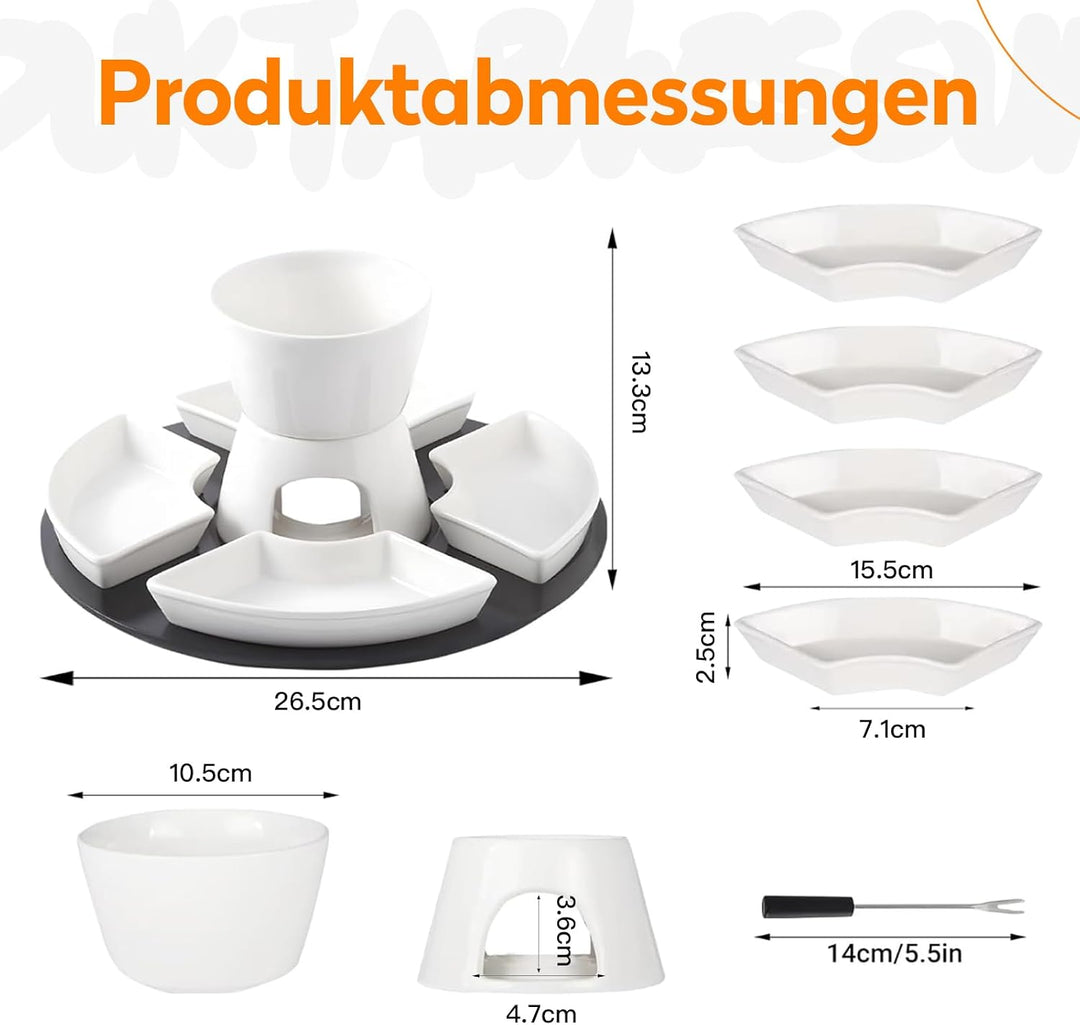 Keramik Fondue-Set mit 4 Schälchen &amp; Gabeln | Weisser Porzellan Käse- &amp; Schokoladen-Schmelztopf | 30