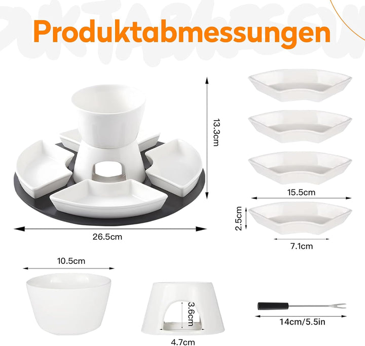 Keramik Fondue-Set mit 4 Schälchen &amp; Gabeln | Weisser Porzellan Käse- &amp; Schokoladen-Schmelztopf | 30