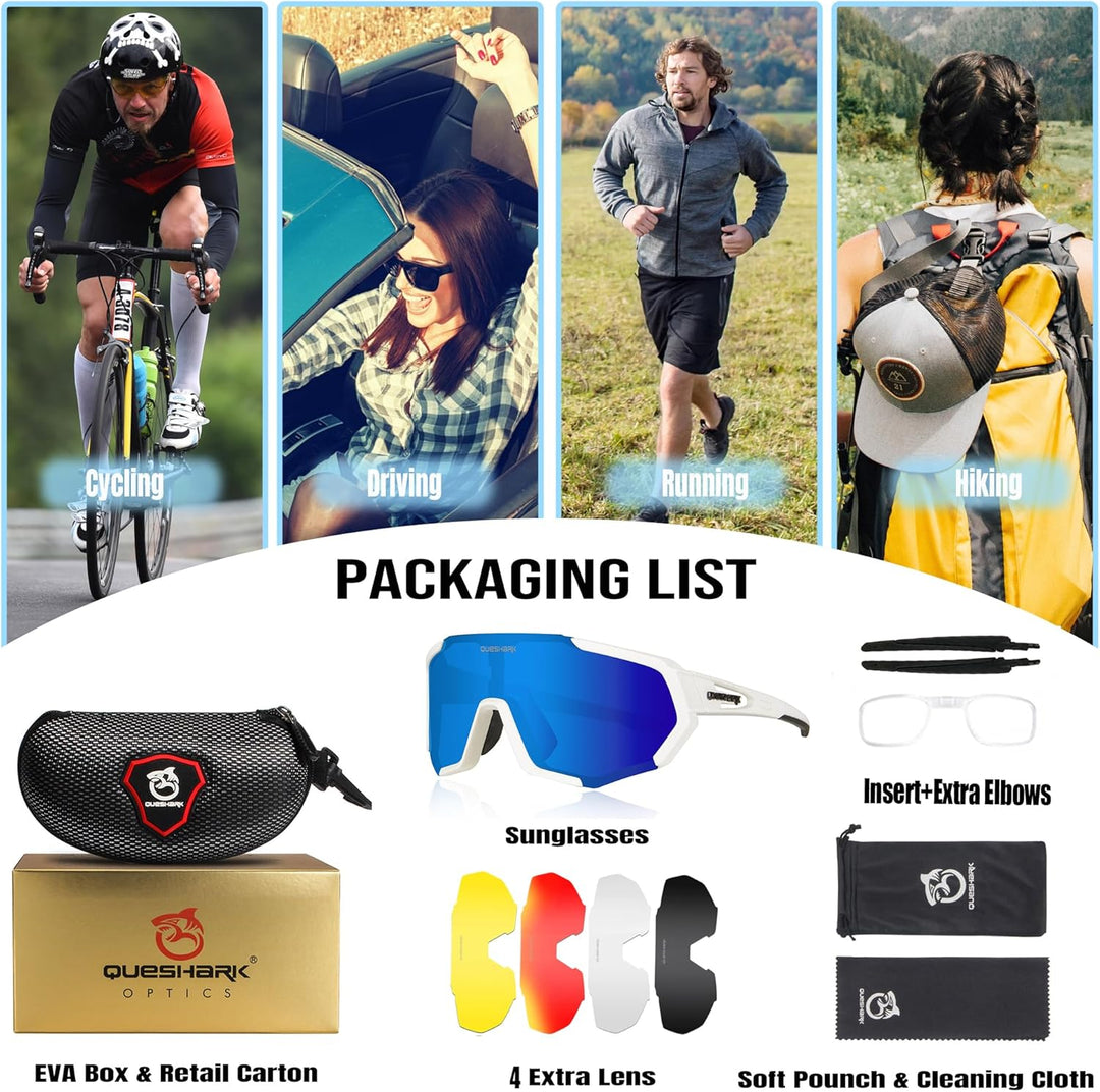 Queshark Sportbrillen Fahrrad Brillen Damen Herren Polarisierte UV400 Schutz mit 5 Wechselgläser Rad