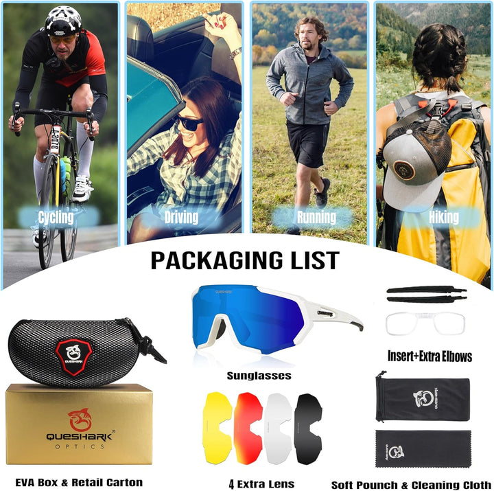 Queshark Sportbrillen Fahrrad Brillen Damen Herren Polarisierte UV400 Schutz mit 5 Wechselgläser Rad