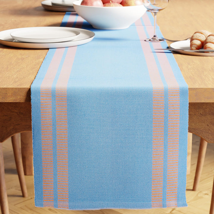 Encasa Tischläufer aus Gerippter Baumwolle für 4 to 6 Seater mit Leiter blau und Grösse Gross 32x183