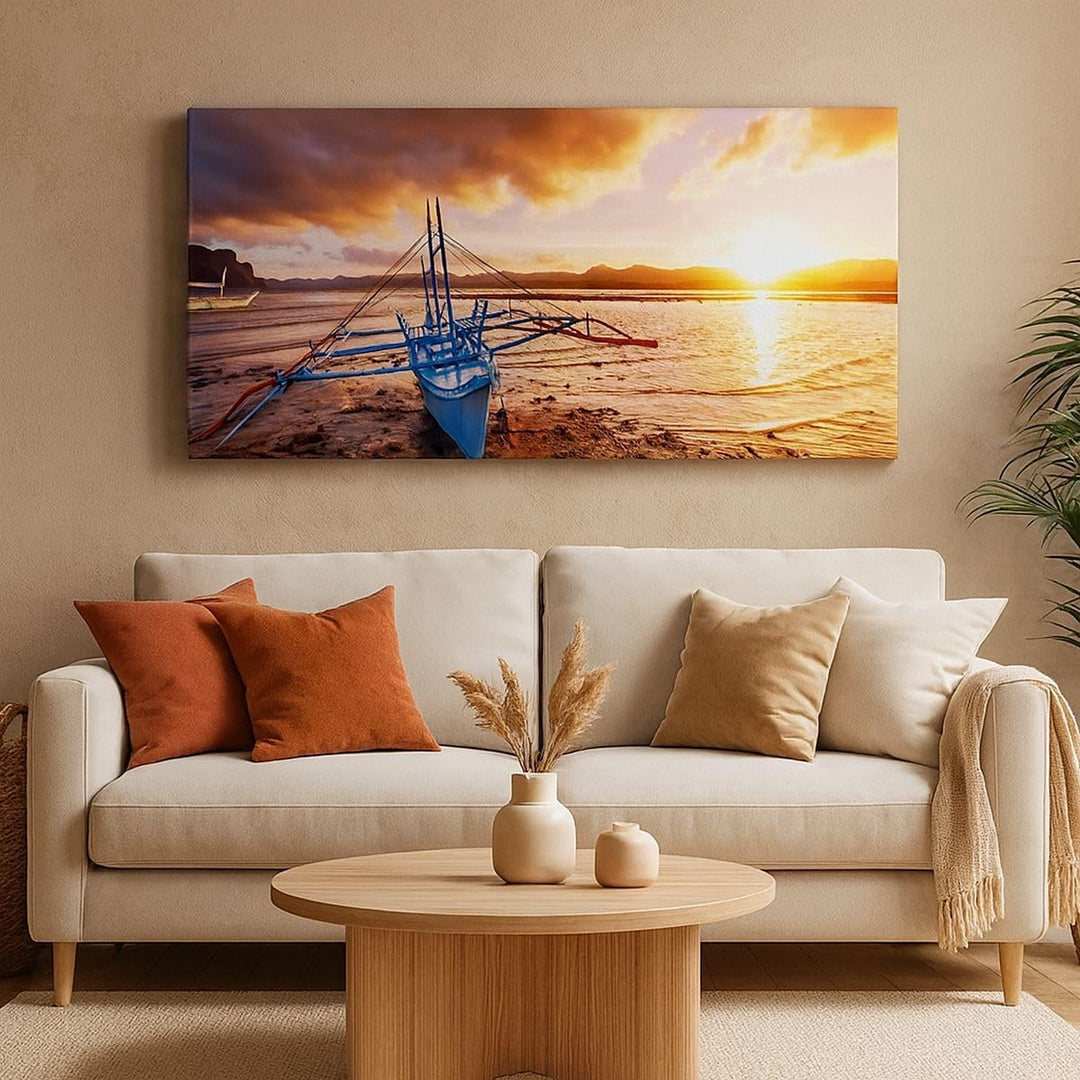 Panorama Bilder auf Leinwand 100x40cm Leinwandbild Ufer Boot Strand Gross Wanddeko Bild Schlafzimmer