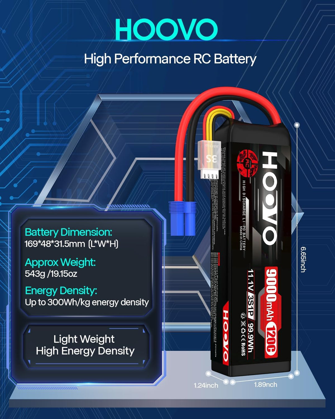 HOOVO 3S Lipo Akku 11,1V 9000mAh 120C SoftCase Lipo Battery mit EC5 Stecker RC Batterie für RC Auto