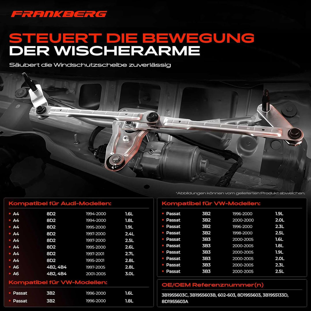 Frankberg 1x Scheibenwischer Wischergestänge ohne Motor Vorne Links oder Rechts Kompatibel mit A4 8D