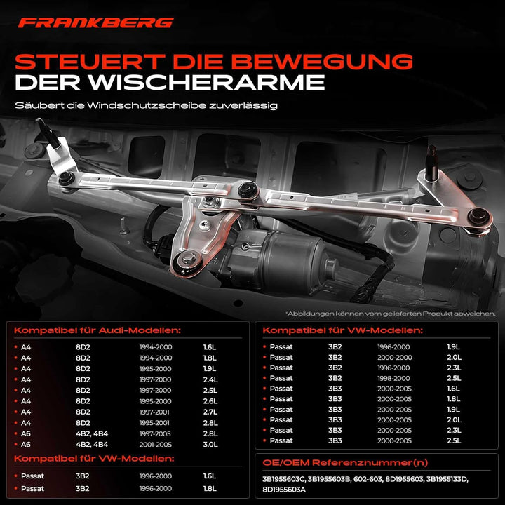Frankberg 1x Scheibenwischer Wischergestänge ohne Motor Vorne Links oder Rechts Kompatibel mit A4 8D