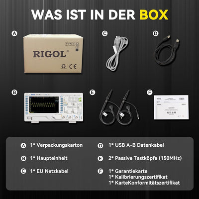 RIGOL DS1102Z-E Digitaloszilloskop, 2 Kanäle, 100MHz, 1Gsa/s, 24Mpts, 30000wfms/s, freie Trigger und