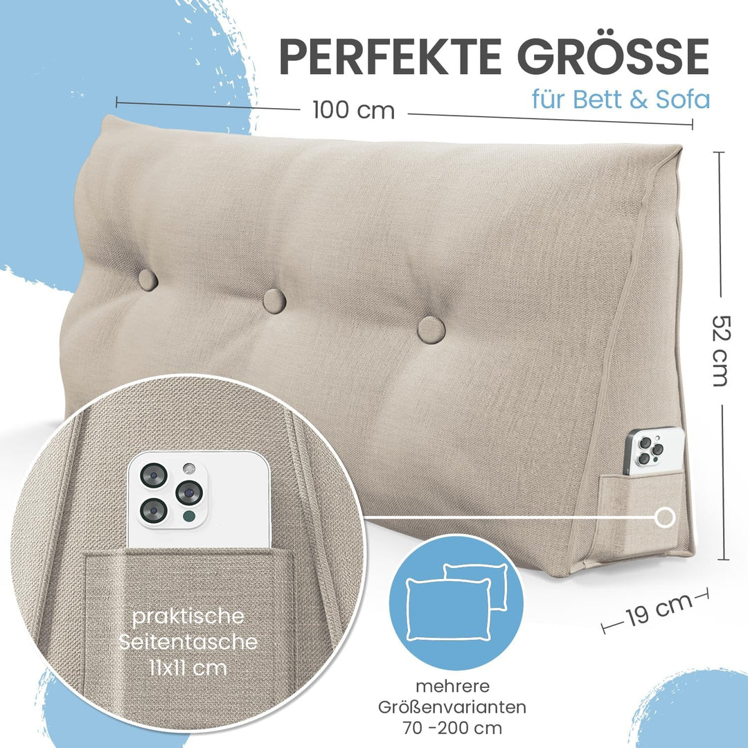 ELONEO Rückenkissen 100 cm breit, Keilkissen für Bett und Sofa geeignet, dreieckiges Lesekissen, Kis