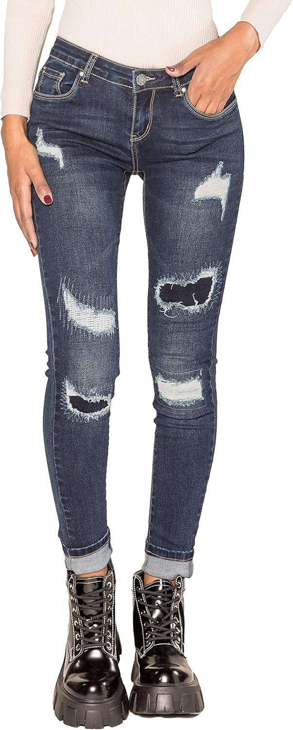 Nina Carter P100 Damen Skinny Fit Low Waist Jeanshosen mit Destroyed-Effekten Used-Look Jeans Waschu